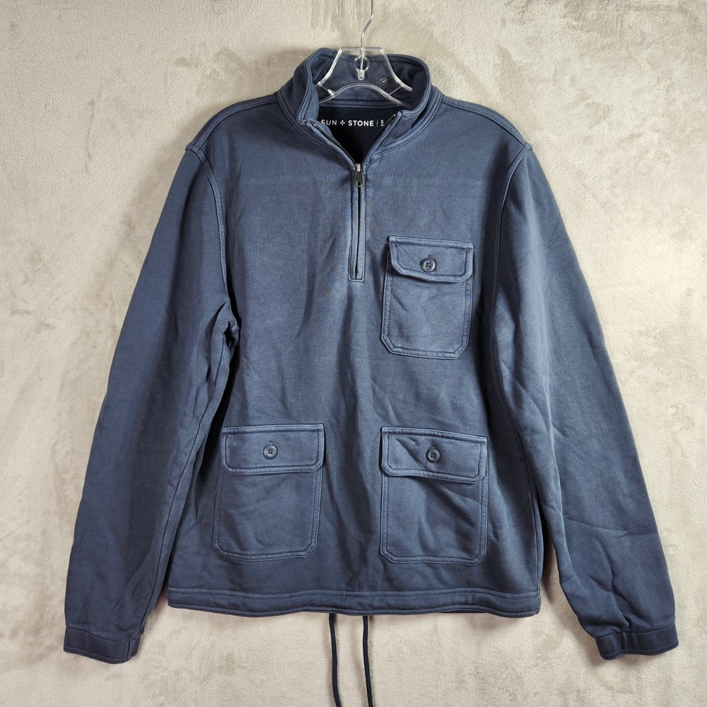 SUN STONE Pullover Jacket Mens Small Blue Quarter Zip Utility Cargo Pocket Gorp
